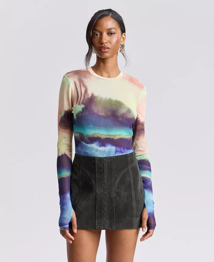 Women's Printed Long-Sleeve Mesh Top - thumbnail 2