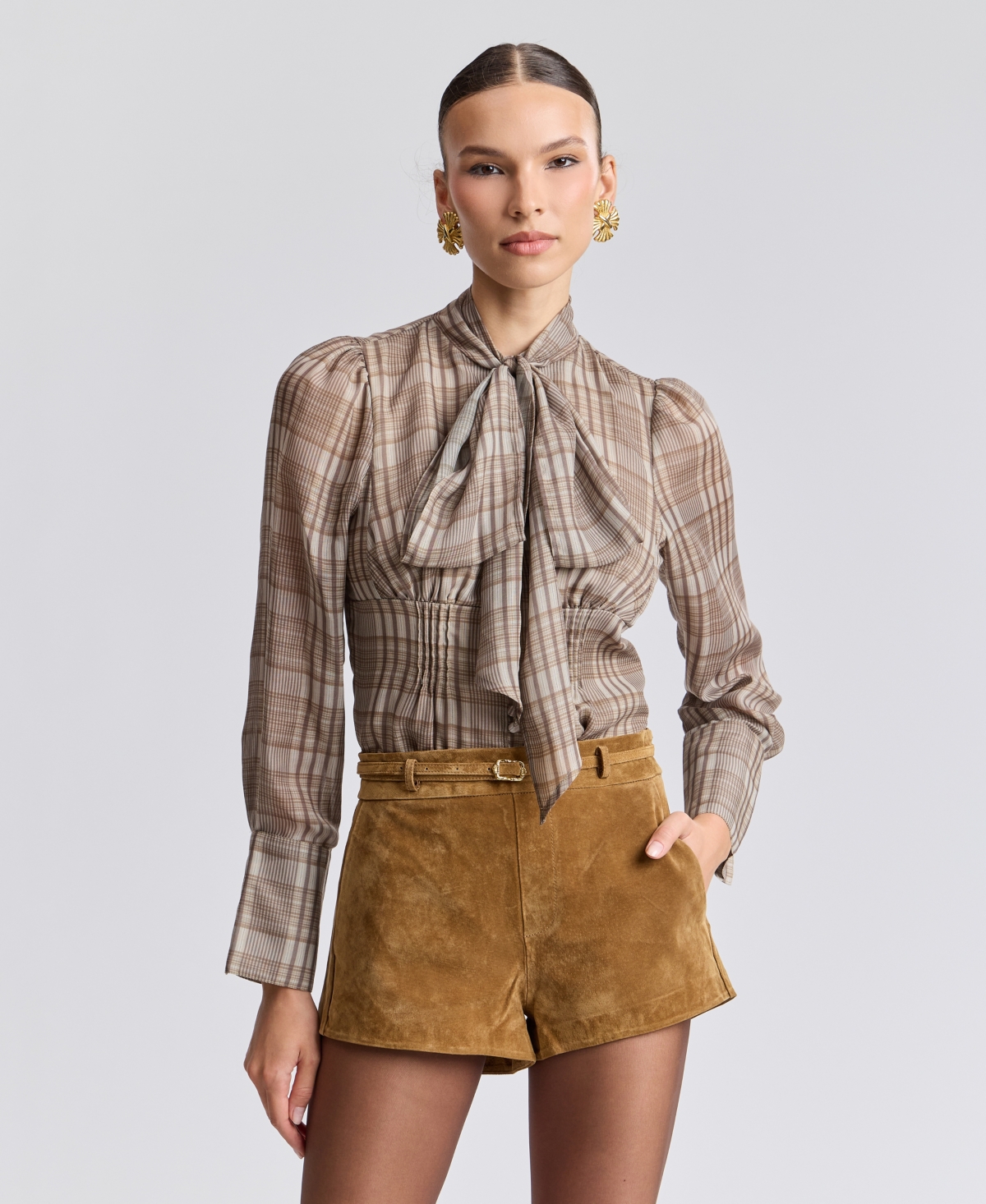 Avec Les Filles Long Puff-Sleeve Scarf Neck Top