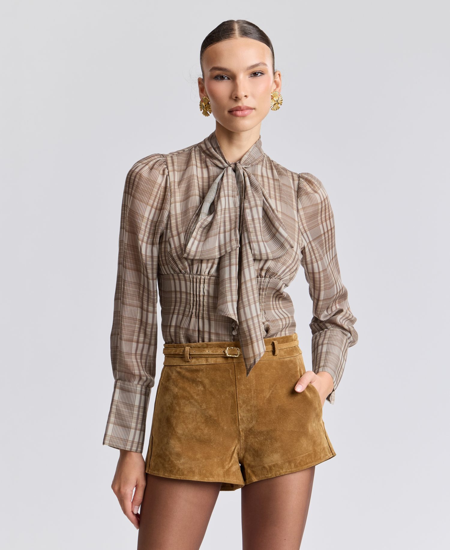 Women's Long Puff-Sleeve Scarf Neck Plaid Blouse