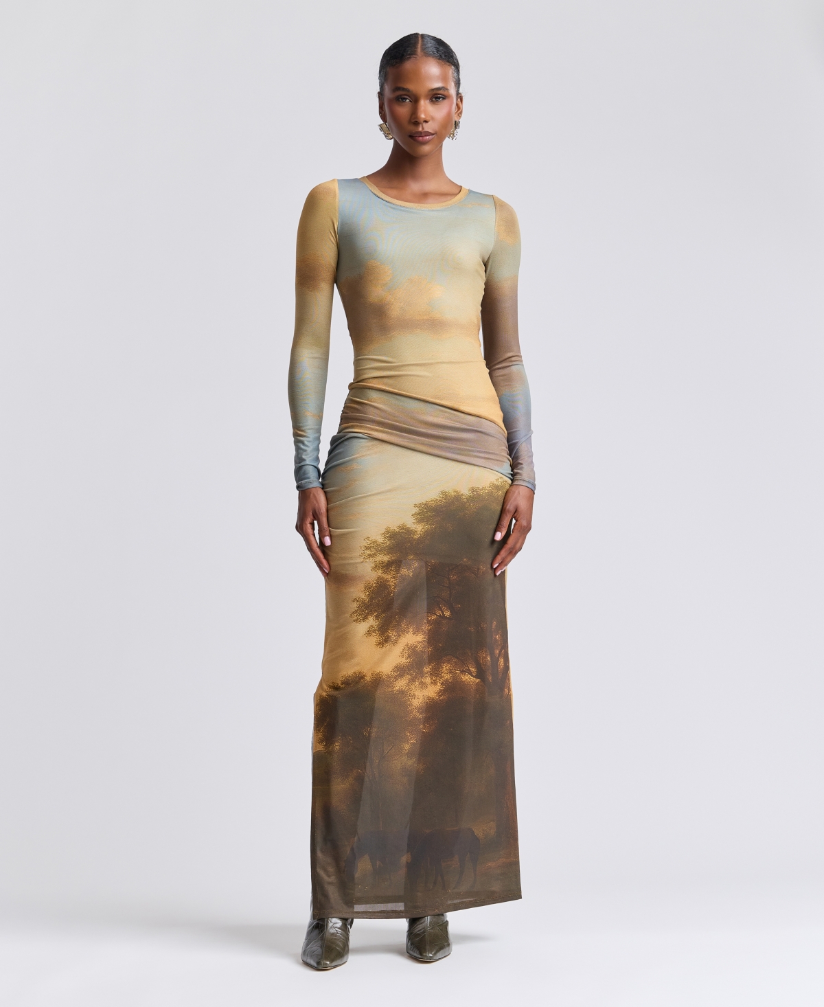 Avec Les Filles Women's Scoop Neck Long-Sleeve Shirred Waist Maxi Dress