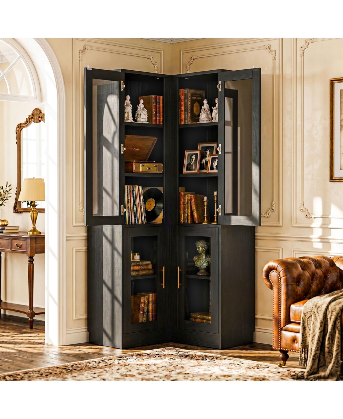 Aheaplus Tall 5-Tier Corner Pantry Cabinet with Glass Doors and Led Lights
