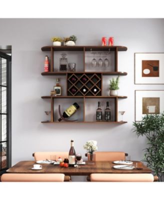 Rustic 3-Tier Wall Mounted Wine Rack with Glass Holder