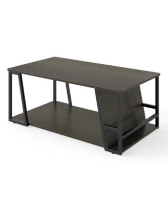 2-Tier Industrial Rectangle Coffee Table with Storage Shelf and Side Compartment