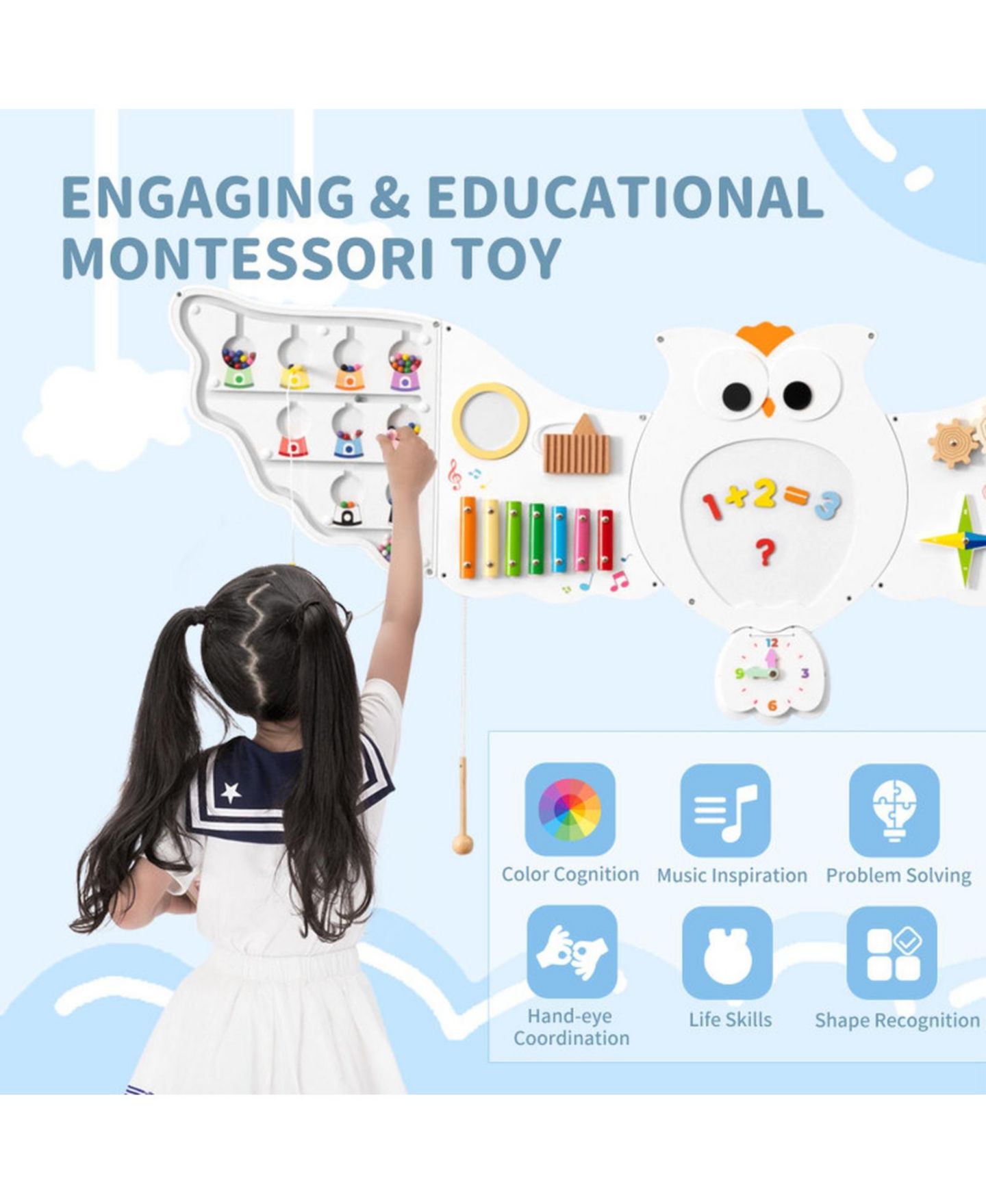 Детская игрушка HONGGE 11-in-1 Owl Busy Board Fine Motor Skills Stem Learning Activity Center, Ages 3+, цвет: Белый — фото 6