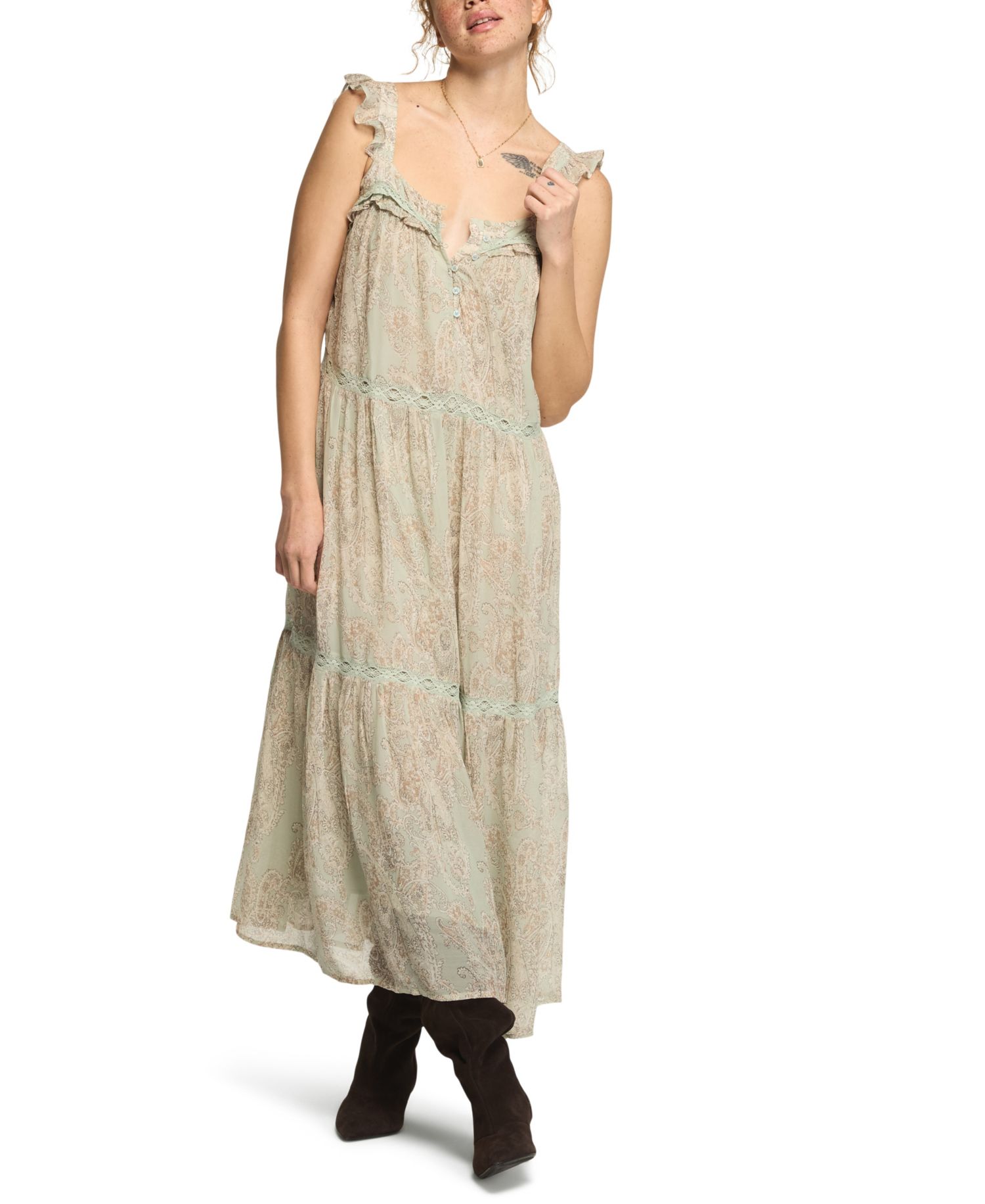 Women's Tiered Henley Maxi Boho Paisley-Print Dress