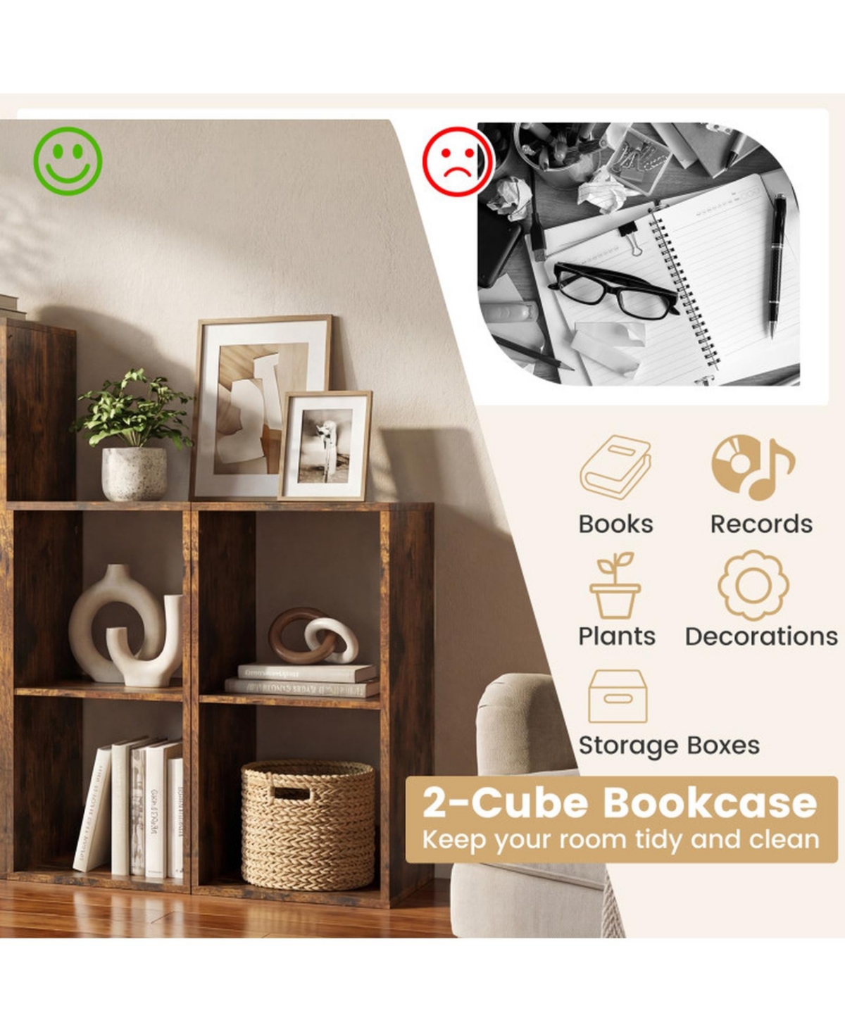 Sugift 2 Cube Bookshelf with Back Guardrail for Living Room Bedroom
