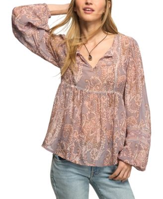 Women's Paisley Print Mix Long-Sleeve Peasant Top