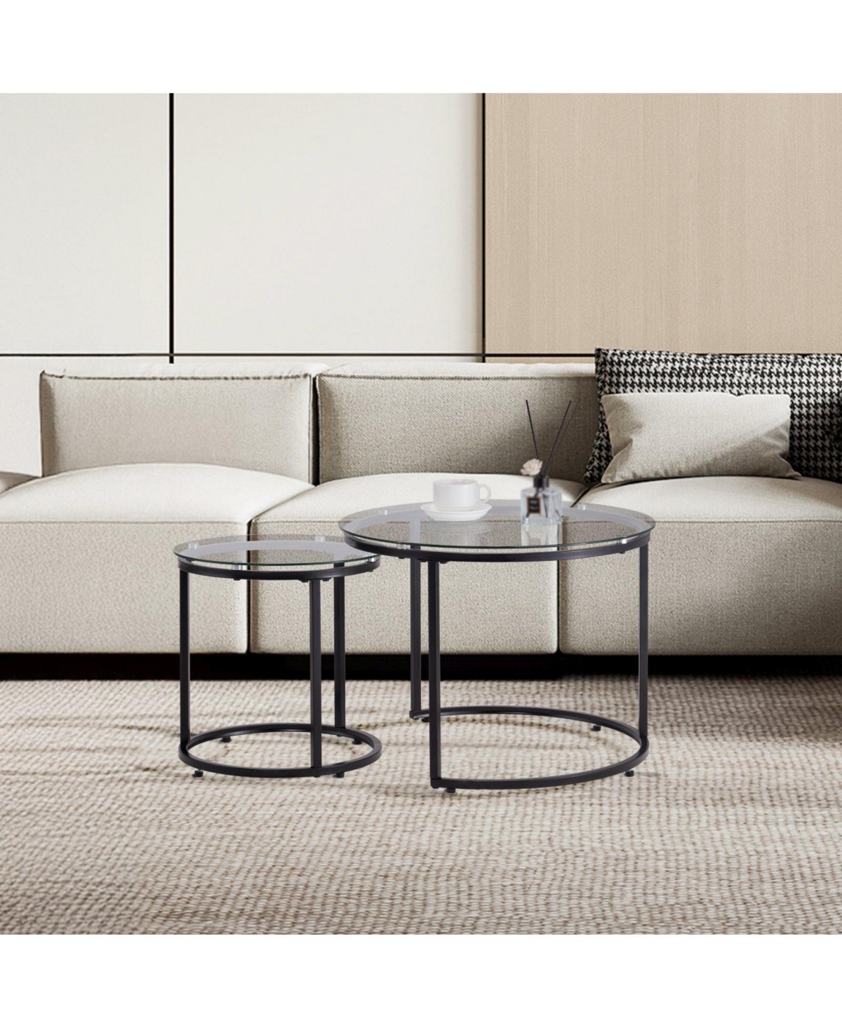 Slickblue Round Glass Coffee Table Set of 2 with Steel Frame, Nesting Accent Tables for Bedroom