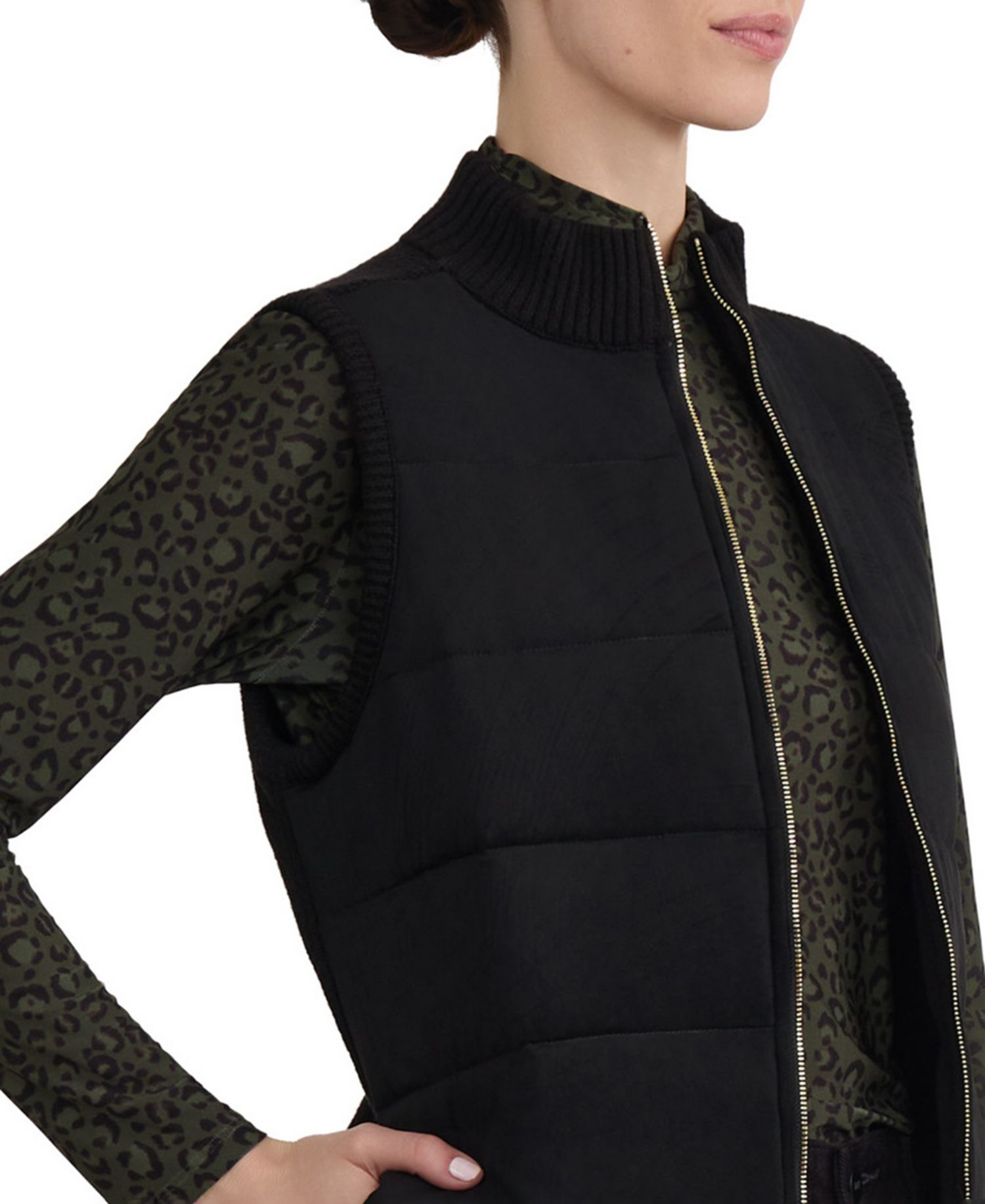Women's Padded Faux-Suede Collared-Neck Zipper Vest