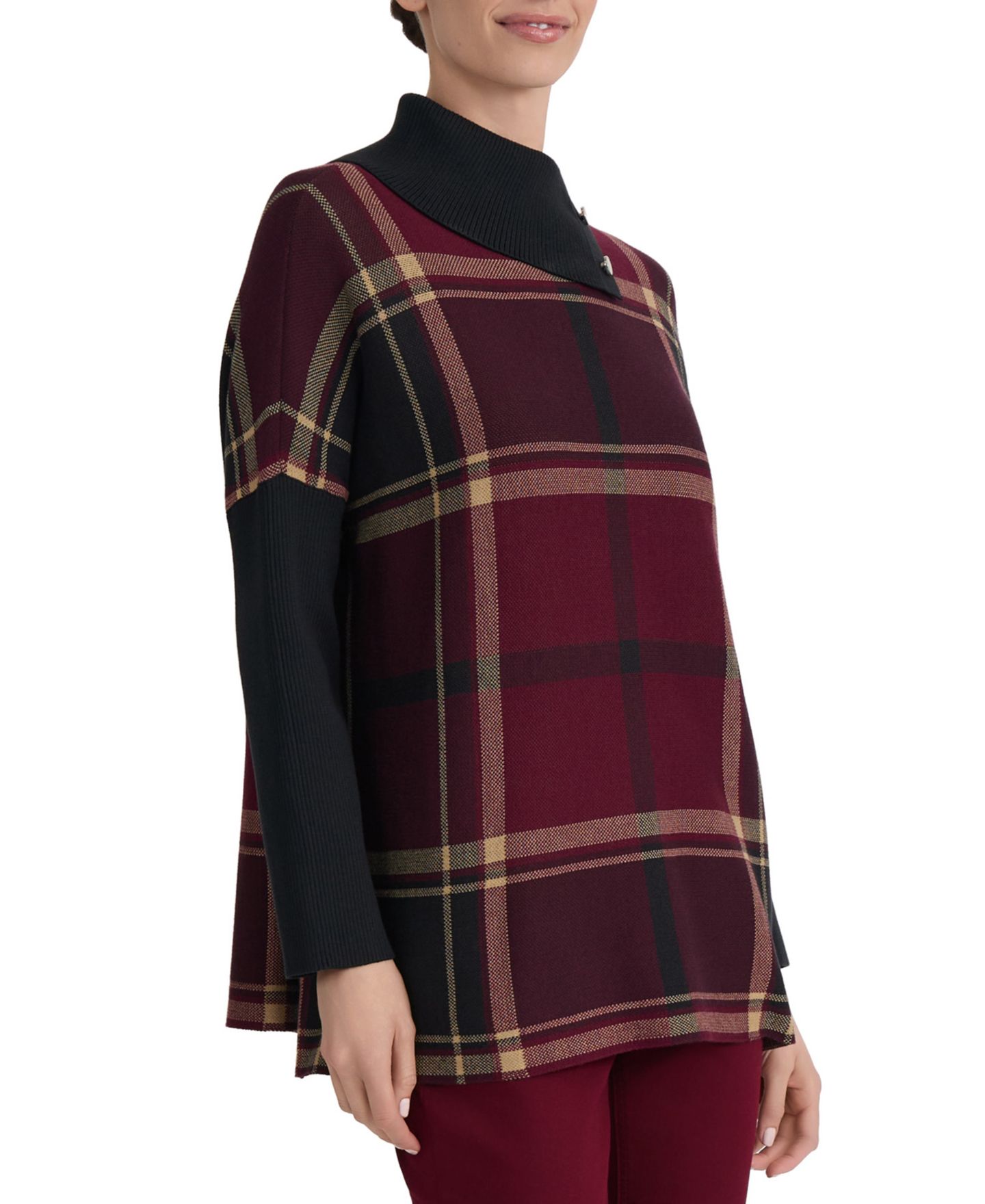 Женский свитер Jones New York Plaid Split-Neck Poncho, цвет: Винный разноцветный — фото 2