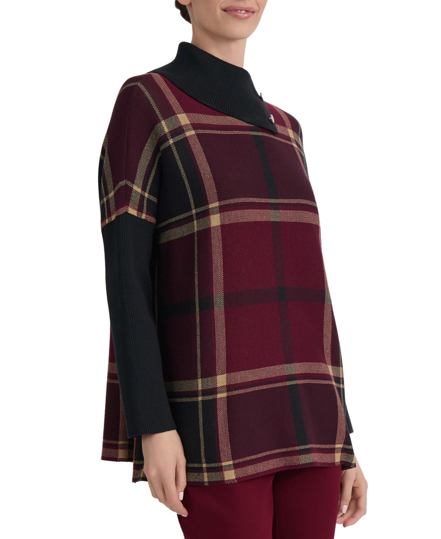 Women's Plaid Split-Neck Poncho Sweater