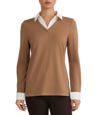 Women's Collared Long-Sleeve Poplin Combo Trim Sweater