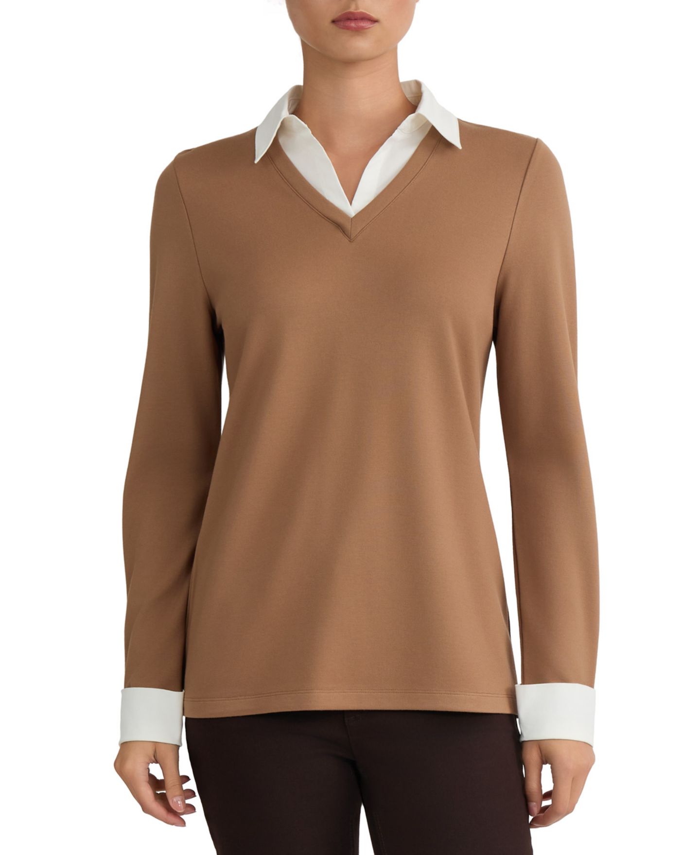 Женский свитер Jones New York Collared Long-Sleeve Poplin Combo Trim, цвет: Карамельный / Натуральный белый — фото 1