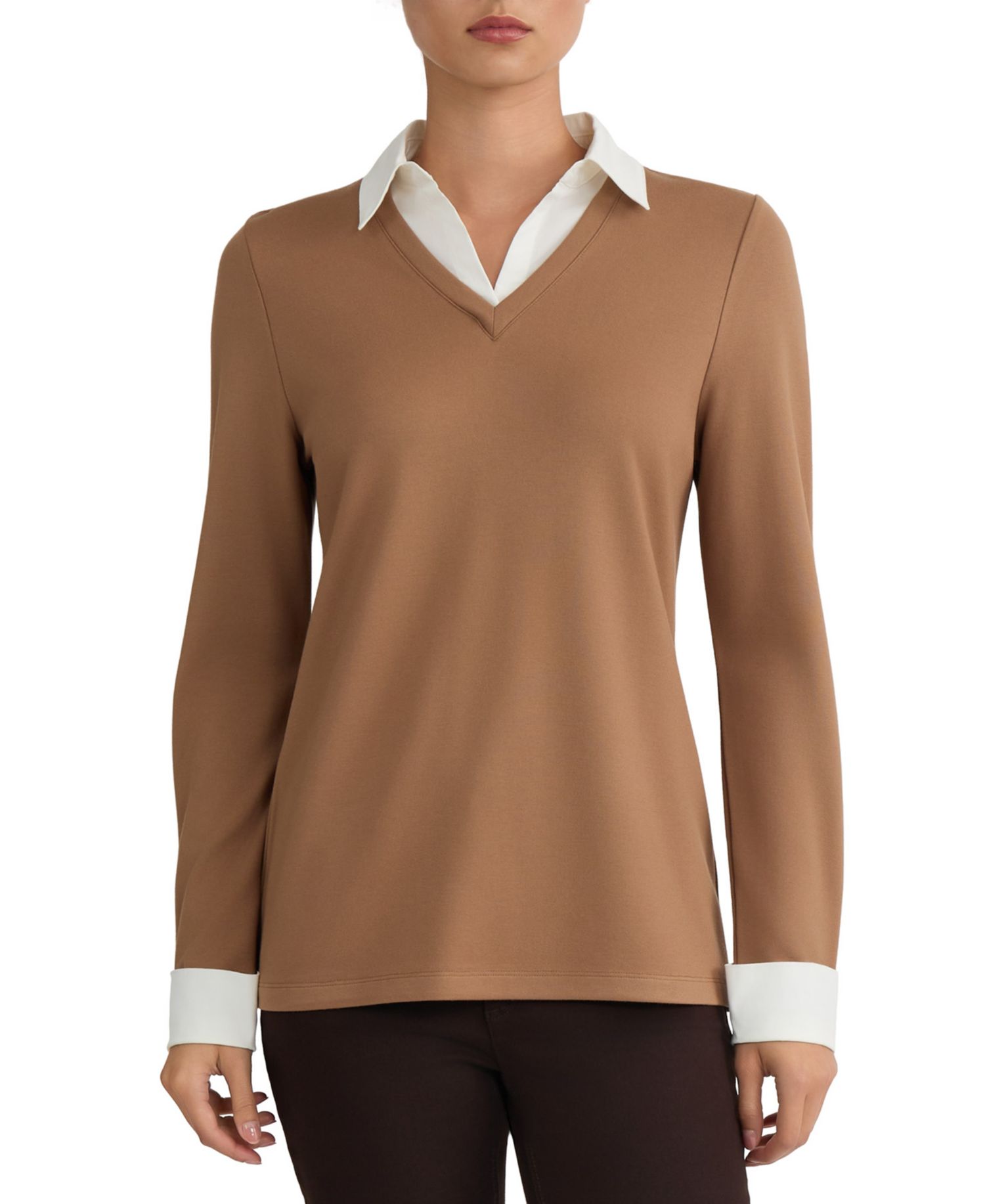 Women's Collared Long-Sleeve Poplin Combo Trim Sweater