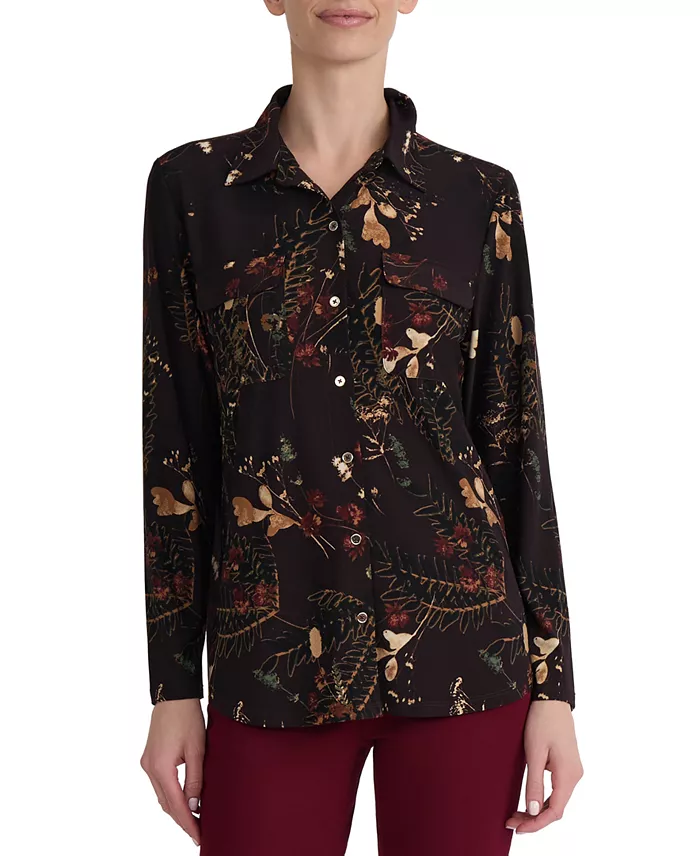 Women's Long-Sleeve Floral-Print Collared Button-Front Shirt