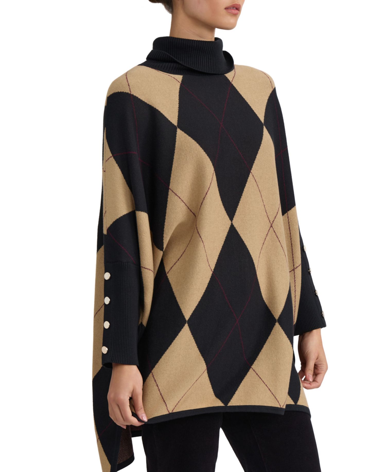 Women's Argyle Turtleneck Poncho Pull-On Sweater