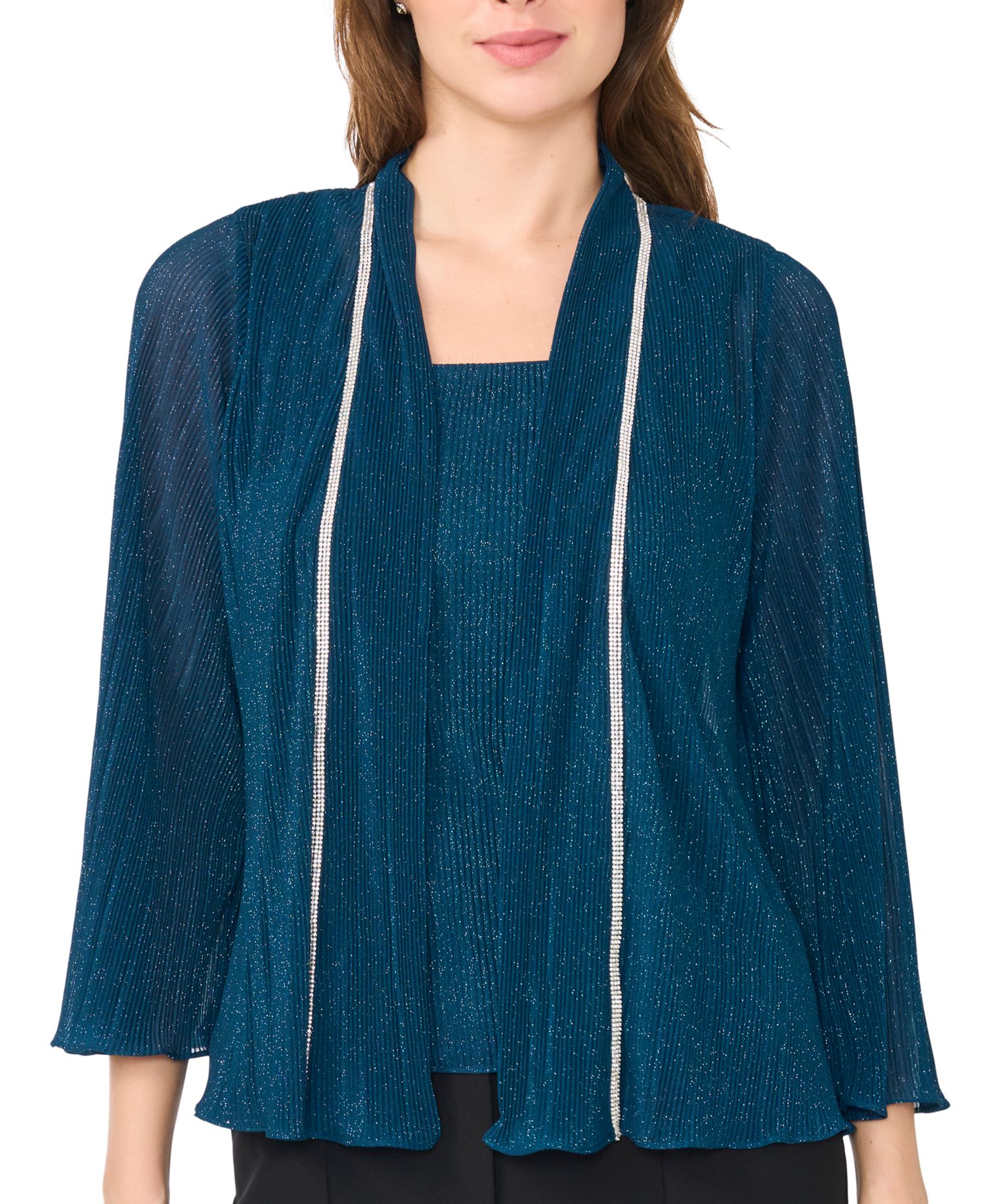 Women's Metallic Scoop Neck Long Sleeve Shrug and Sleeveless Tank Top, 2-Piece Set