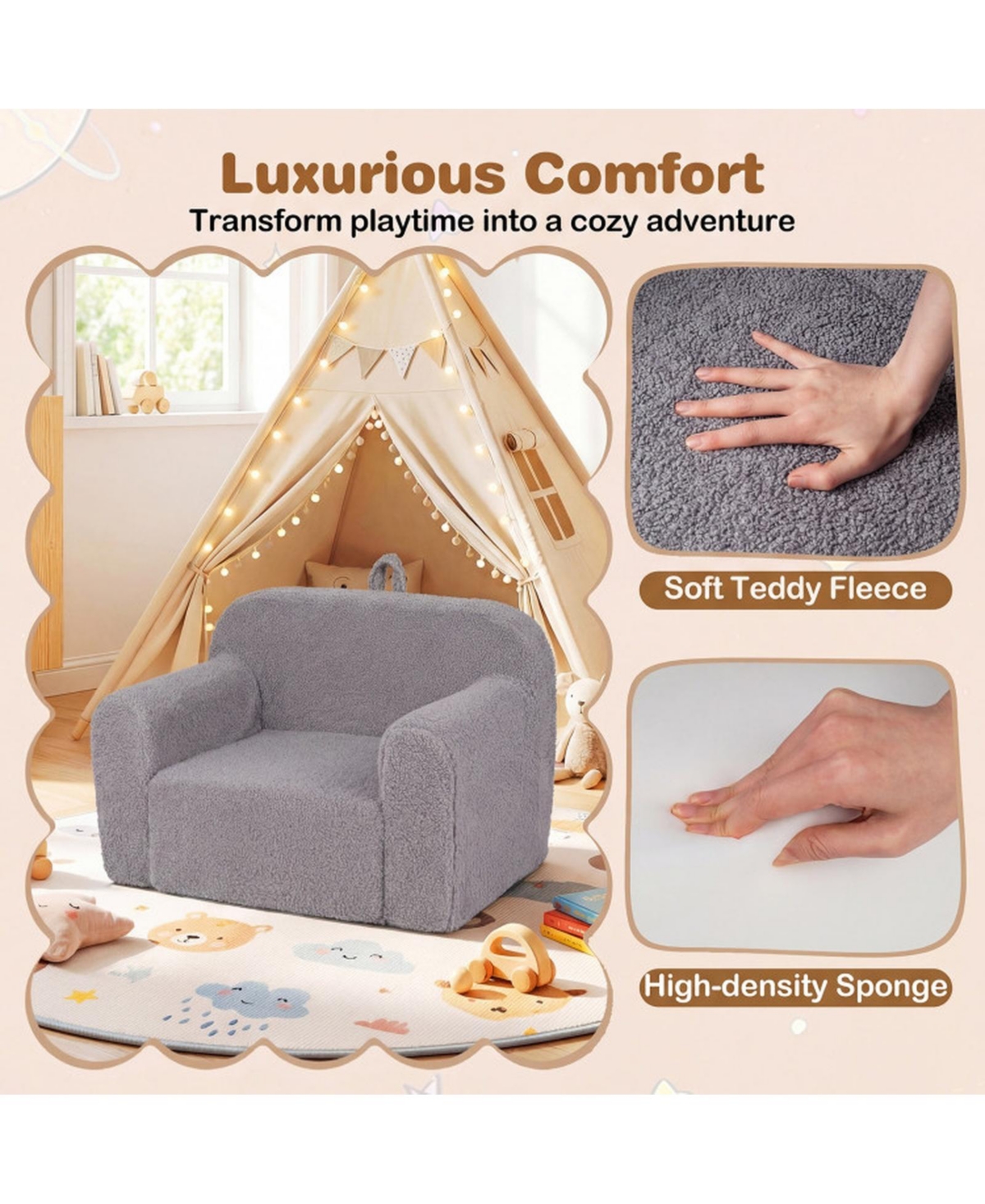 Sugift Portable Kids Toddler Sofa with Anti-Slip Base Teddy Fleece