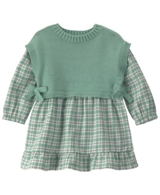 Baby Girls' Checkered Flannel Long-Sleeve Dress and Vest with Matching Bloomers