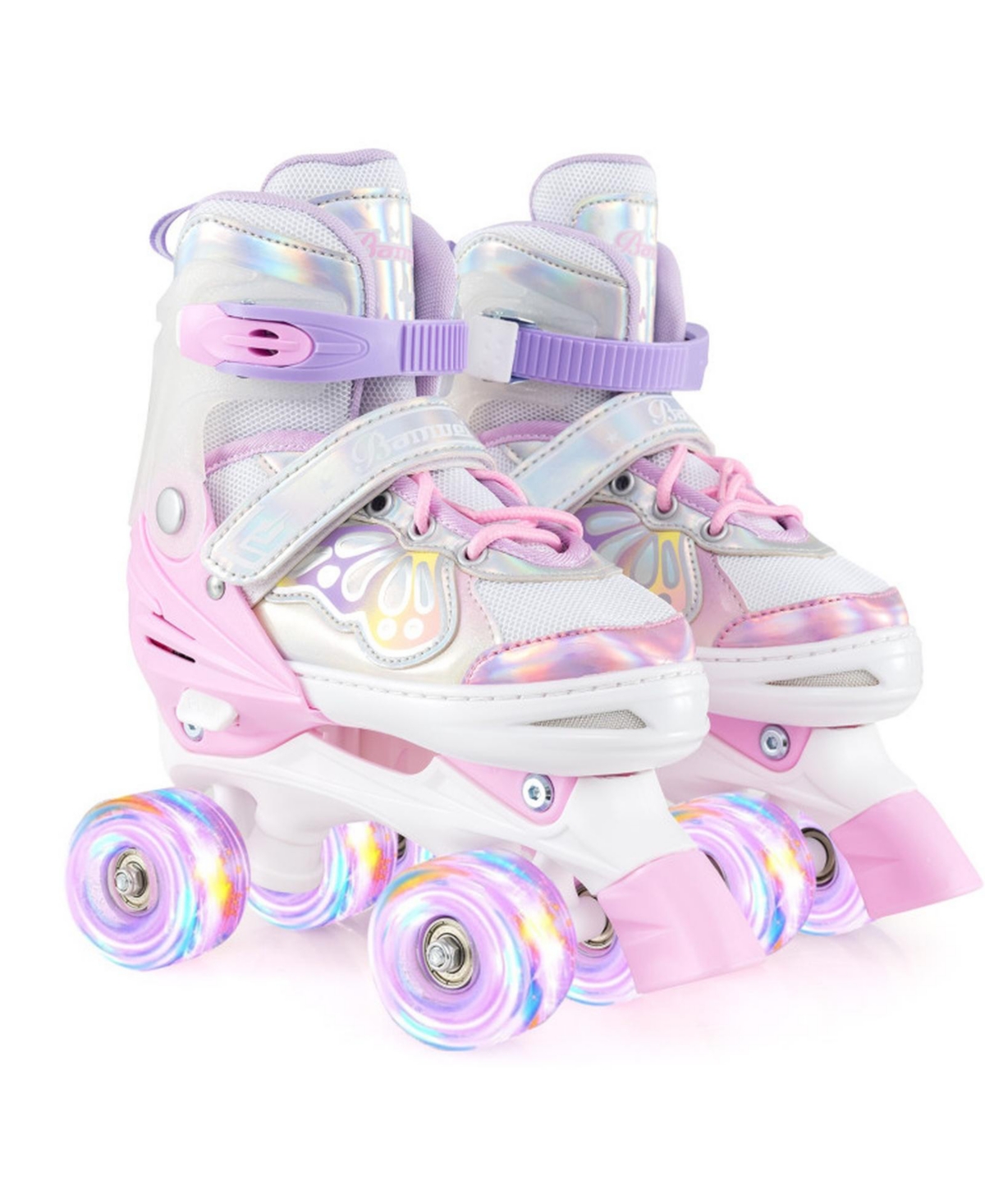 Hongge Adjustable Quad Roller Skates, Sizes 5.5-8, Light-Up Wheels, Ages 8-13 - Pink
