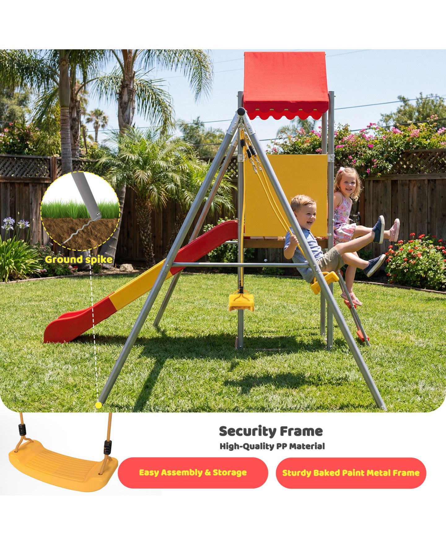 Детские игрушки ZENY Metal and Plastic Treehouse Swing Set with Slide, Belt Swings, and Canopy - Safe, Sturdy, and Portable for Kids Ages 3-8, цвет: Оранжевый красный — фото 7