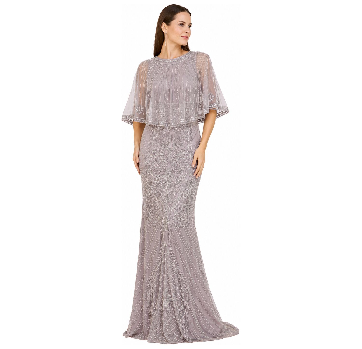 Women's Cape-Sleeve V-Neck Beaded Gown
