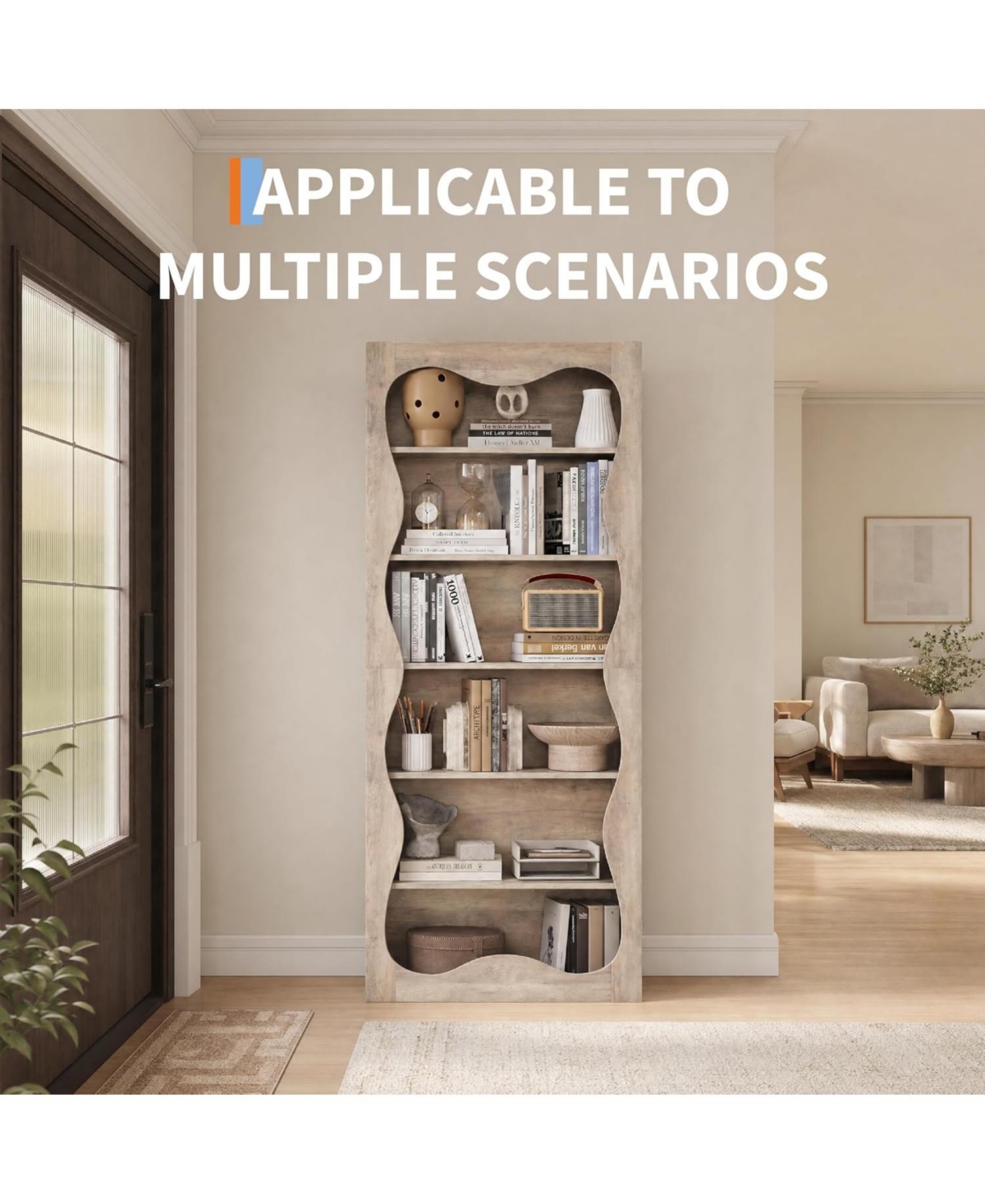 homfan 6-Tier Tall Wood Bookshelf with Scalloped Wavy Edges, Freestanding Display Shelf for Living Room, Office