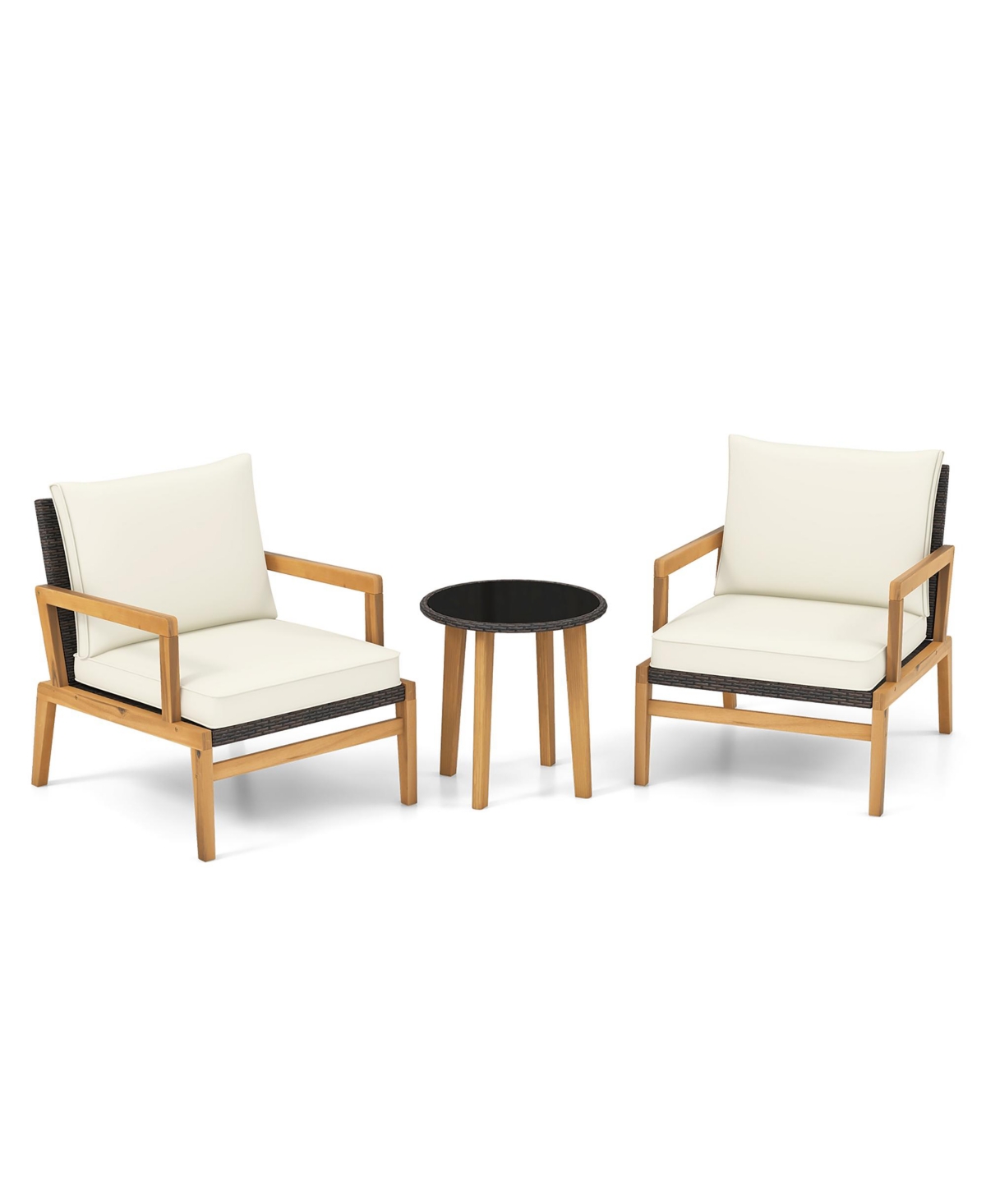 Gymax 3 Pieces Patio Chair Set Wicker Chair and Side Table Set w/ Tempered Glass Tabletop - White