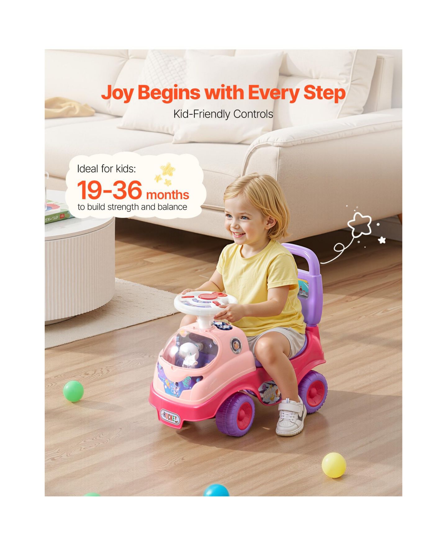 Детская игрушка HONGGE Foot to Floor Ride On Push Car with Interactive Steering Wheel, 48.5 lb Capacity, Ages 19-36 Months, цвет: Розовый разноцветный — фото 2