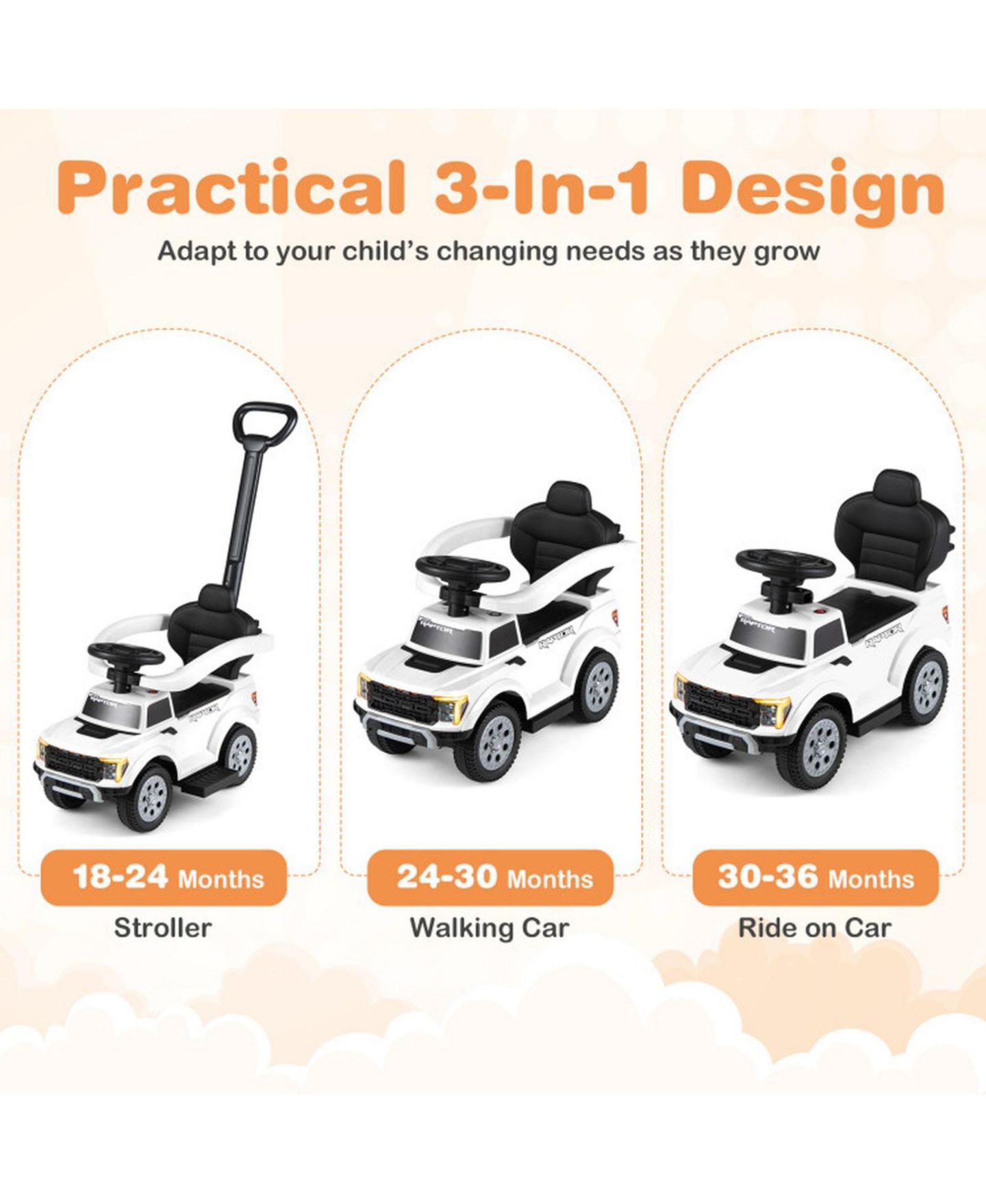 Детская игрушка HONGGE 3-in-1 Kids Ride-On Push Car with LED Lights and Under-Seat Storage, Ages 1.5-3, цвет: Белый — фото 6