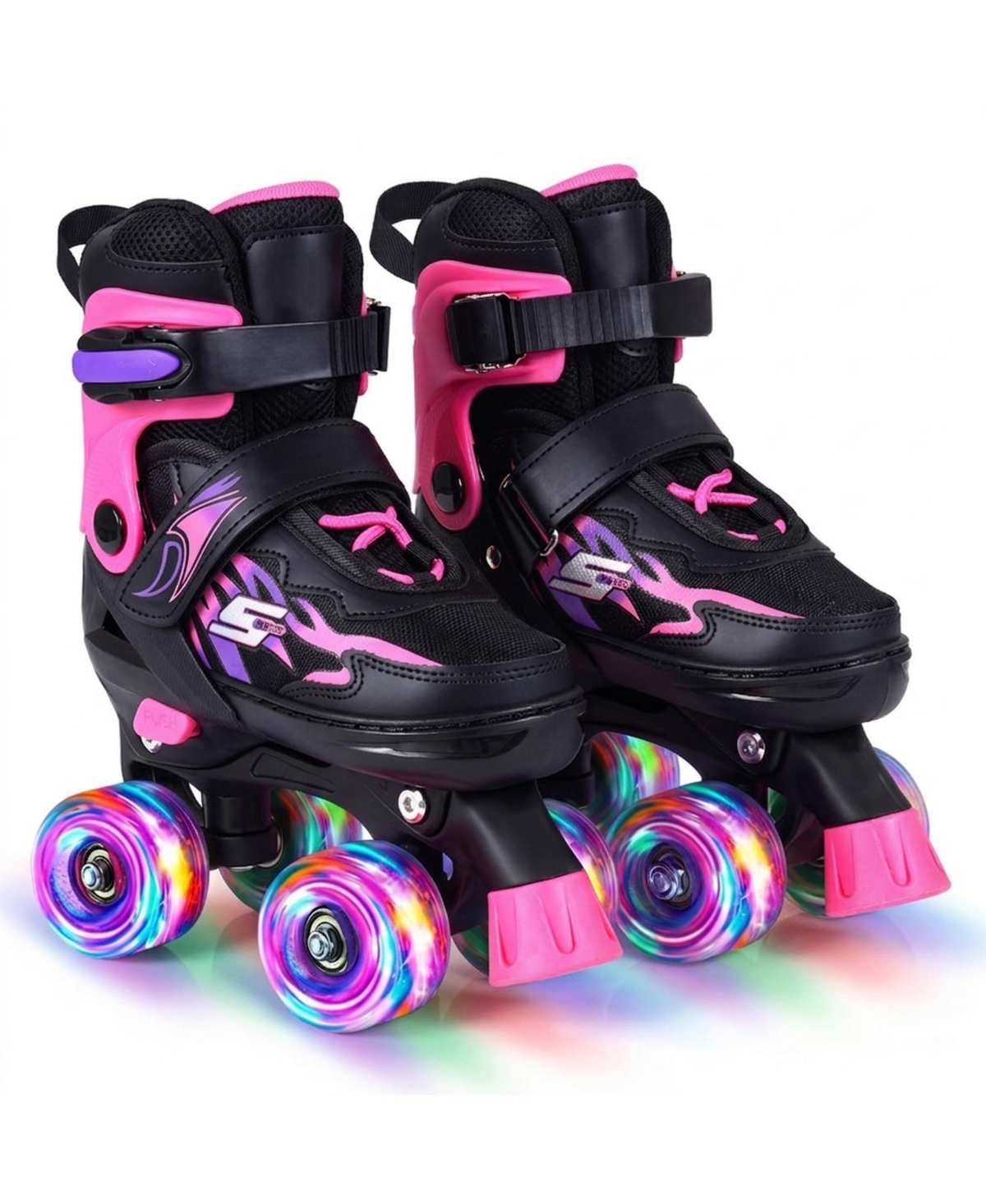 Sugift Kids Adjustable Quad Roller Skates 4 Sizes with Light-up Wheels for Girls Boys - Pink