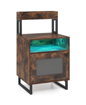LED Nightstand with Top Tray Open Compartment and Storage Cabinet
