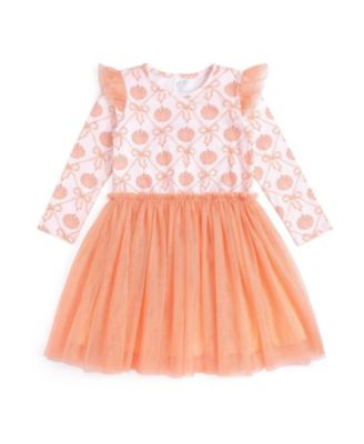 Toddler Girls Pumpkin Bow Trellis Long Sleeve Tutu Dress