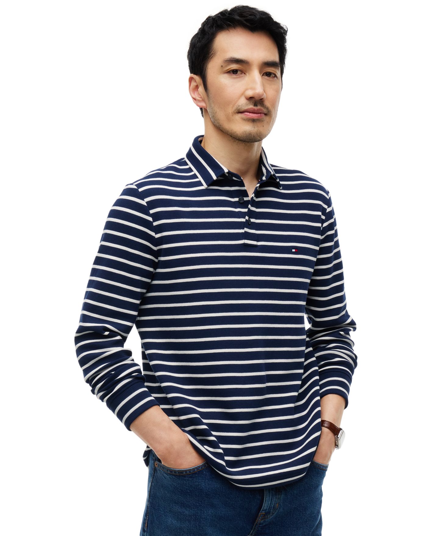 Мужское поло Tommy Hilfiger Waffle Stripe Polo Shirt, цвет: Карбоновый тёмно-синий / Слоновая кость — фото 1