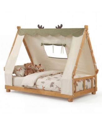 Twin Size House Floor Wood Bed with Removable Canopy Tent