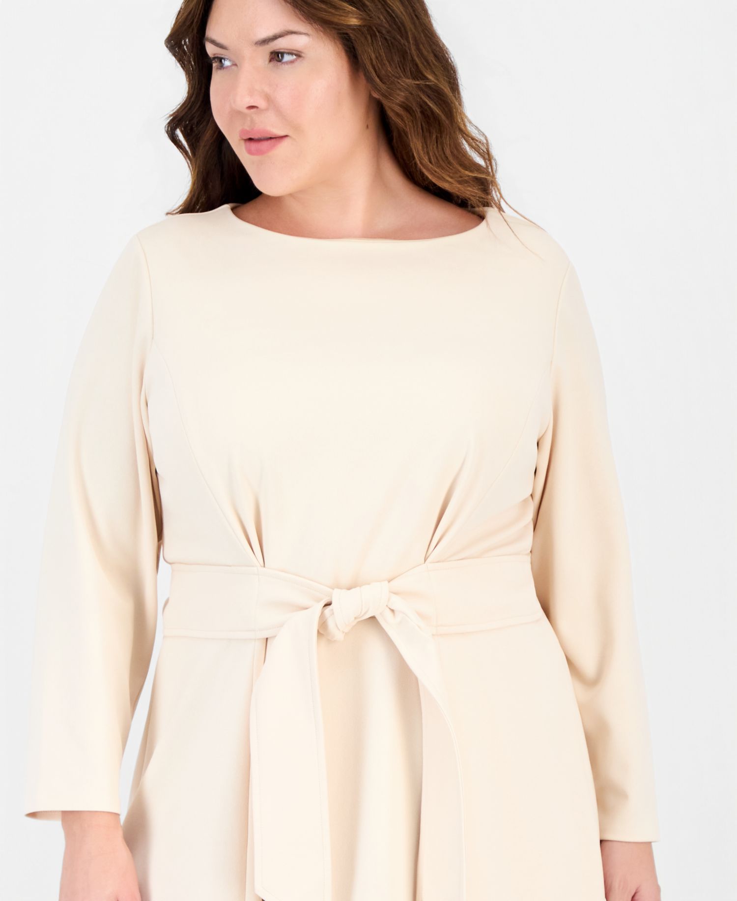 Plus Size Aline Tie Waist Midi Long-Sleeve Dress