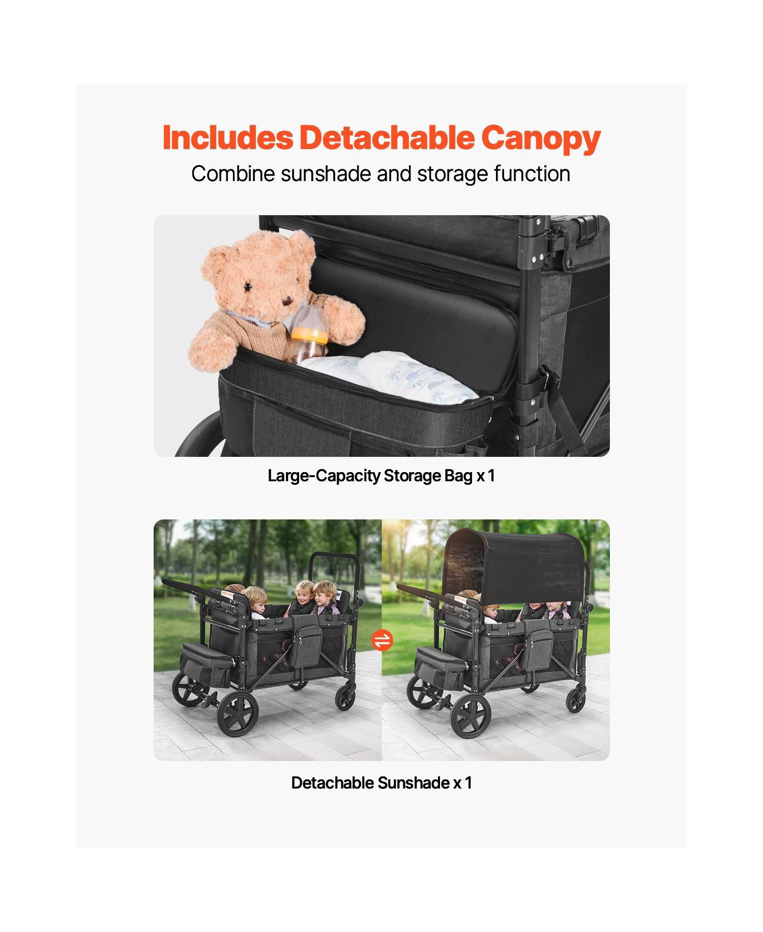 4-Kid Wagon Stroller, Collapsible Push/Pull Cart with Canopy, Safety Harnesses & Adjustable Handle, 330lb Capacity