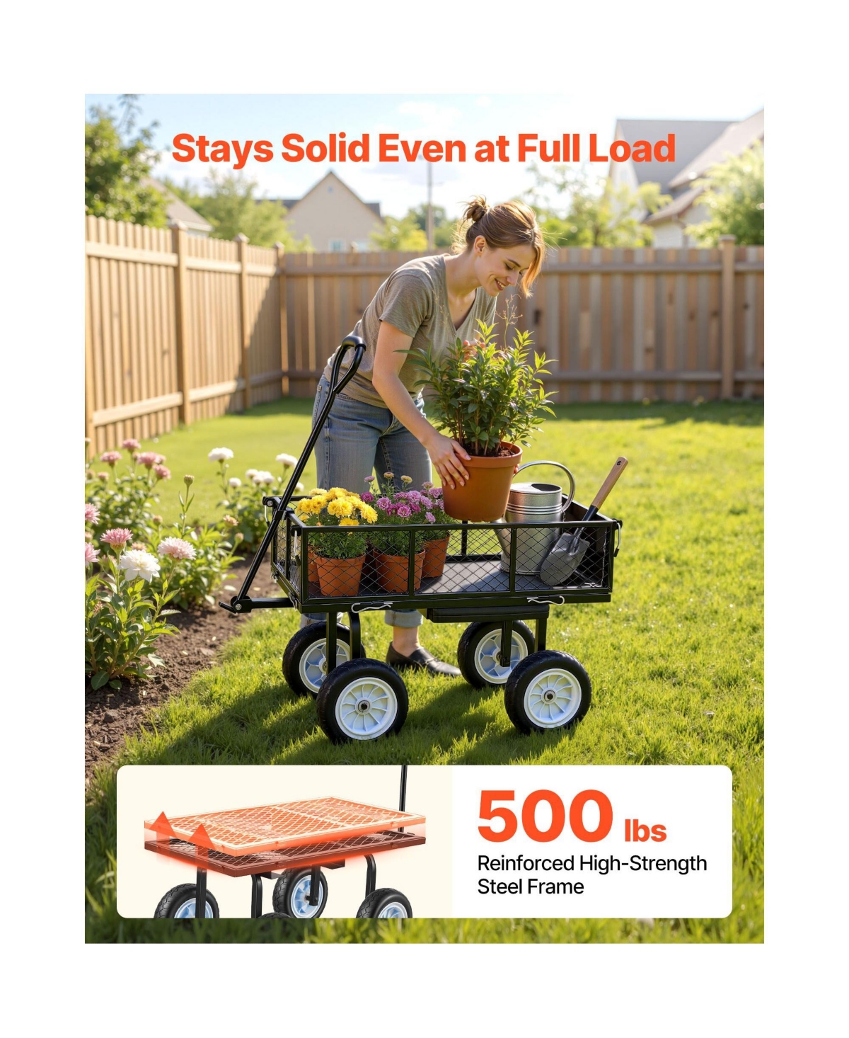 Mountaintop Garden Cart with Seat, 500 Lbs Steel Stool with Wheels, Tool Tray and Adjustable Handle, Black Wagon for Lawn, Patio, Backyard