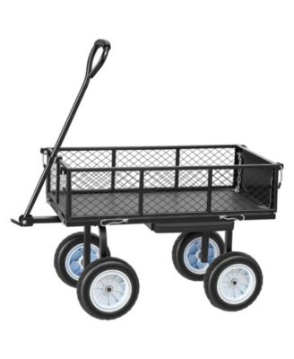 Garden Cart with Seat, 500 LBS Steel Stool with Wheels, Tool Tray and Adjustable Handle, Black Wagon for Lawn, Patio, Backyard
