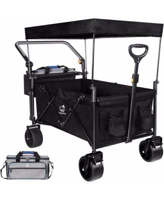 Collapsible Wagon with Removable Canopy,4" All-Terrain Brake Wheels, Adjustable Handles, Cooler Bag for Garden and Beach