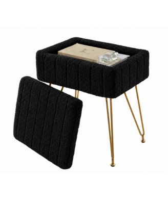Vanity Stool with Storage – 15.7" Faux Fur Ottoman with Metal Legs and Anti-Slip Feet, Soft Padded Seat Foot Rest for Makeup Bedroom