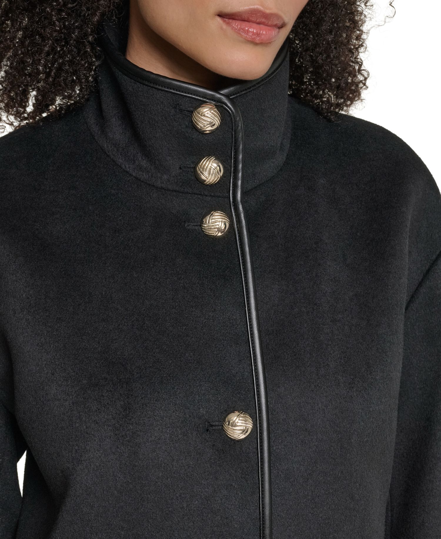 Women's Wool-Blend Faux-Leather Trimmed Funnel Neck Long Coat