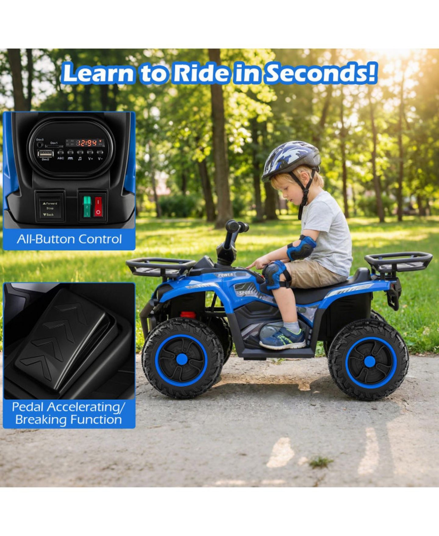 Детская игрушка SUGIFT 24V Electric Ride-On Quad with LED Headlights, Ages 3-8, цвет: Синий — фото 4