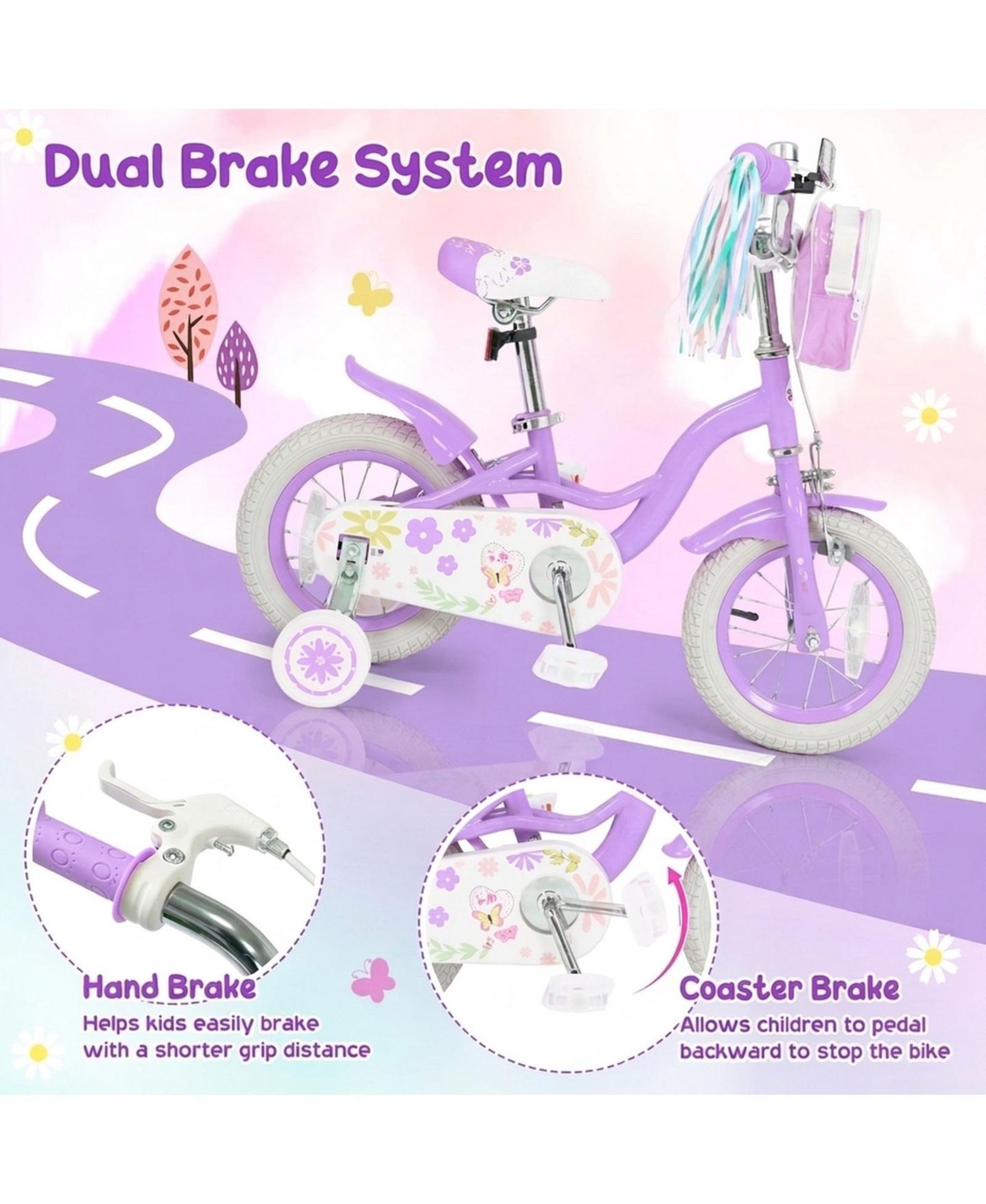 Детские игрушки SUGIFT 12 in. Girls' Bike with Removable Training Wheels and Front Bag, Ages 3–4, цвет: Фиолетовый — фото 6