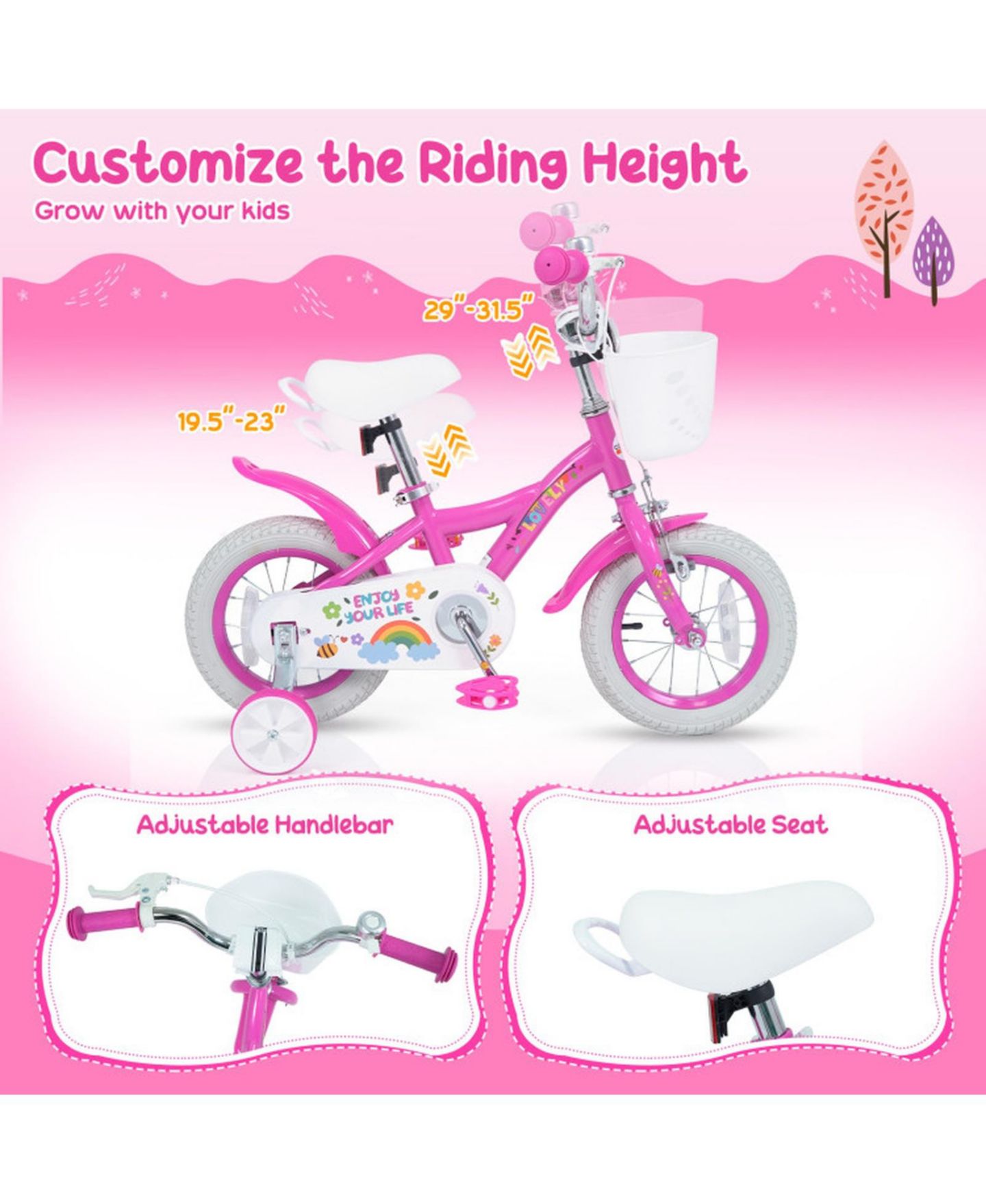 Детская игрушка SUGIFT 14-Inch Adjustable Girls Bike with Dual Brake System and Training Wheels, Ages 3-5, цвет: Розовый — фото 6