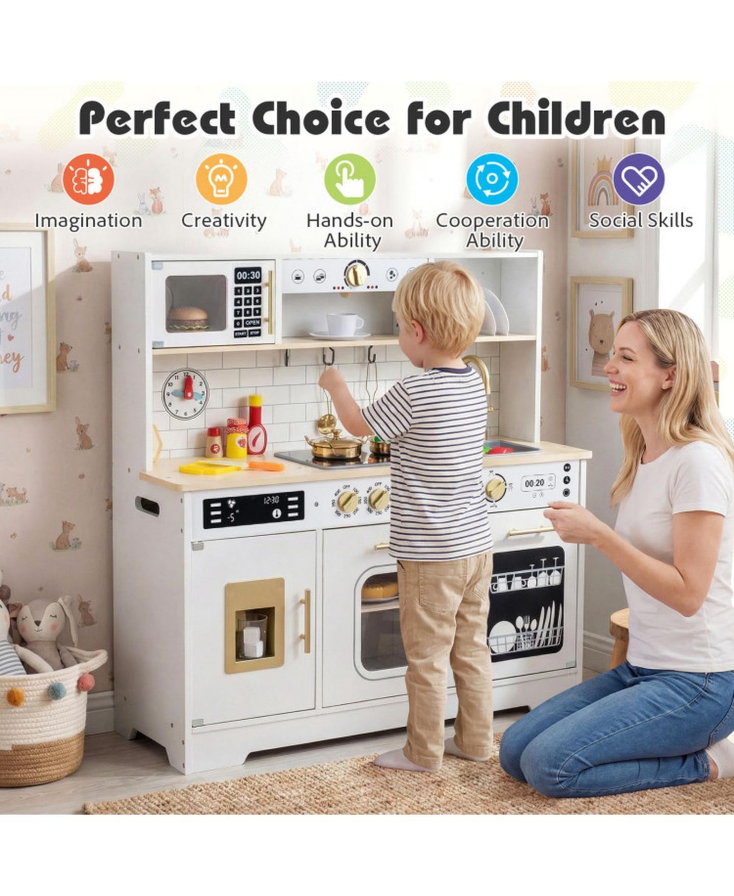 Детские игрушки SUGIFT Lights and Sounds Wooden 14-Piece Play Kitchen, Ages 3+, цвет: Белый — фото 5