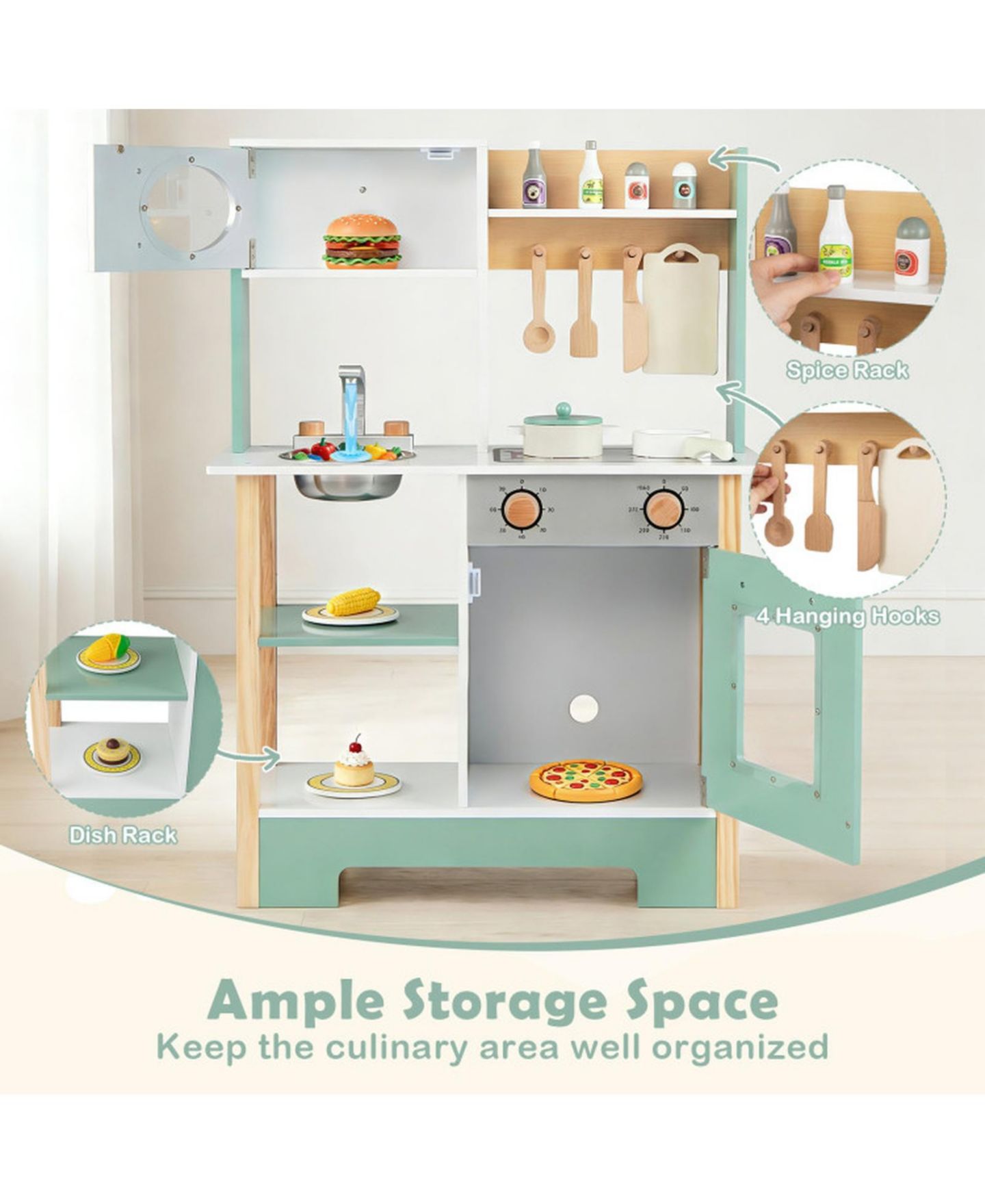 Детская игрушка SUGIFT Wooden Play Kitchen with Chalkboard, 13-Piece Playset, Ages 3+, цвет: Зелёный — фото 5