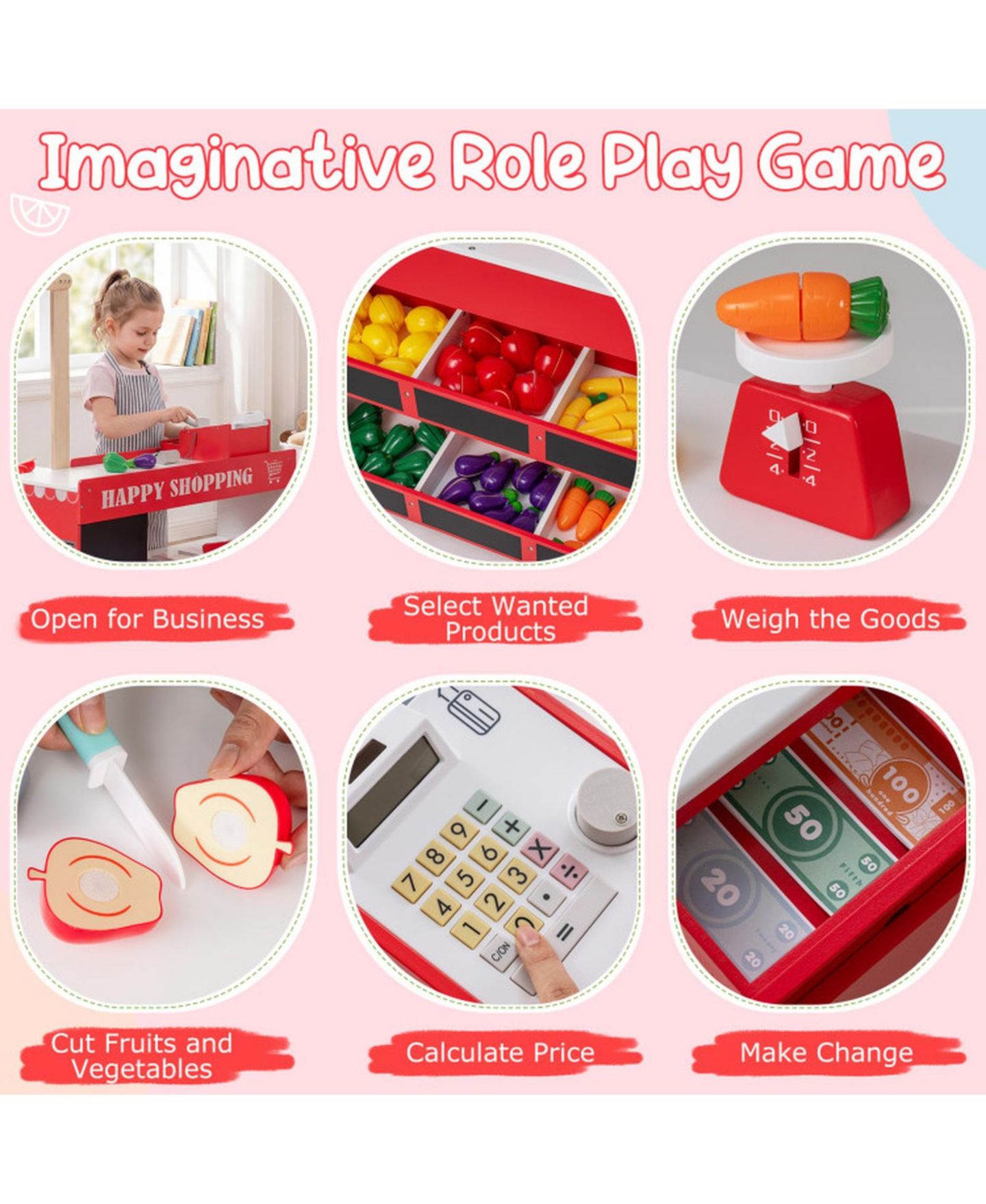 Детский игровой набор SUGIFT Wooden Grocery Store Interactive Playset with Shopping Cart, Ages 3+, цвет: Красный — фото 4