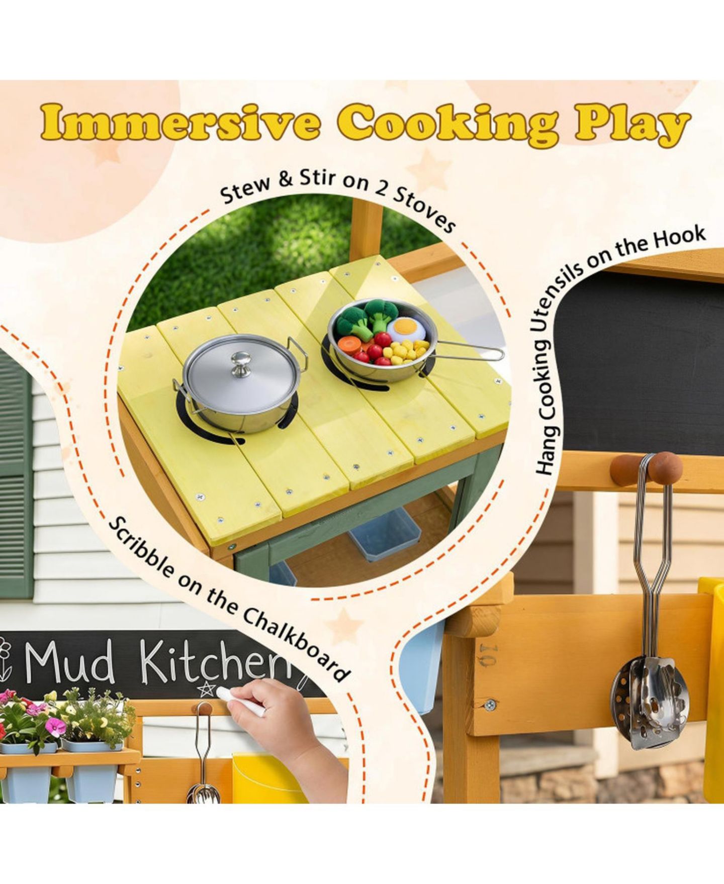 Детские игрушки SUGIFT Wooden 13-Piece Mud Kitchen with Water Tank, Faucet, and 2 Stoves, Ages 3+, цвет: Жёлтый — фото 6
