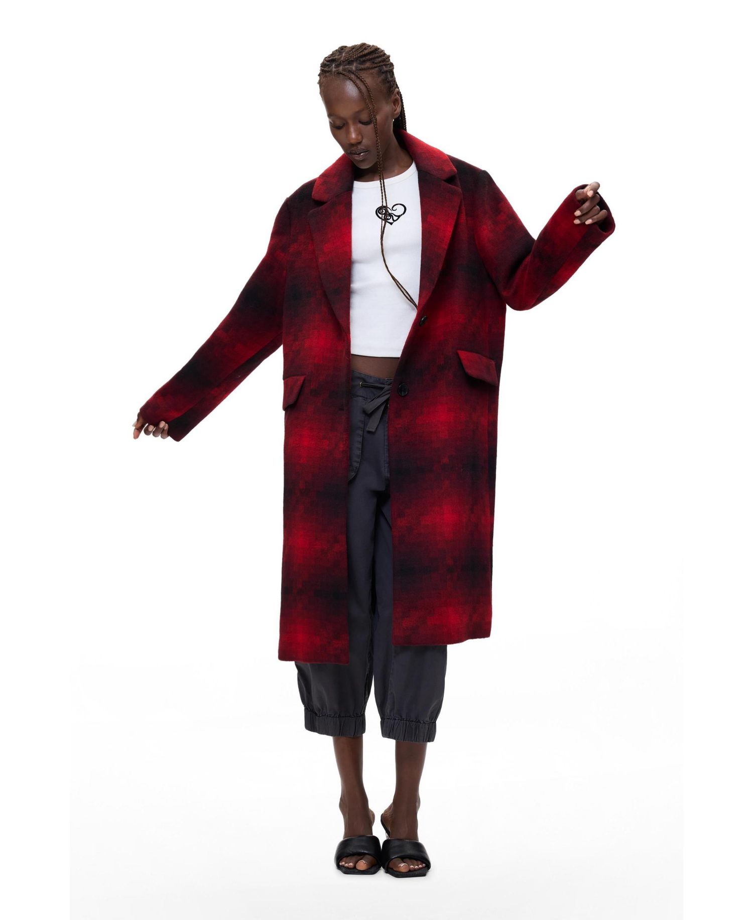 Women's Long Checked Coat with wool